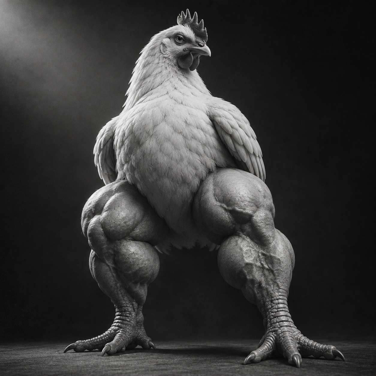 Deadpan chicken with enormous muscular bodybuilder legs